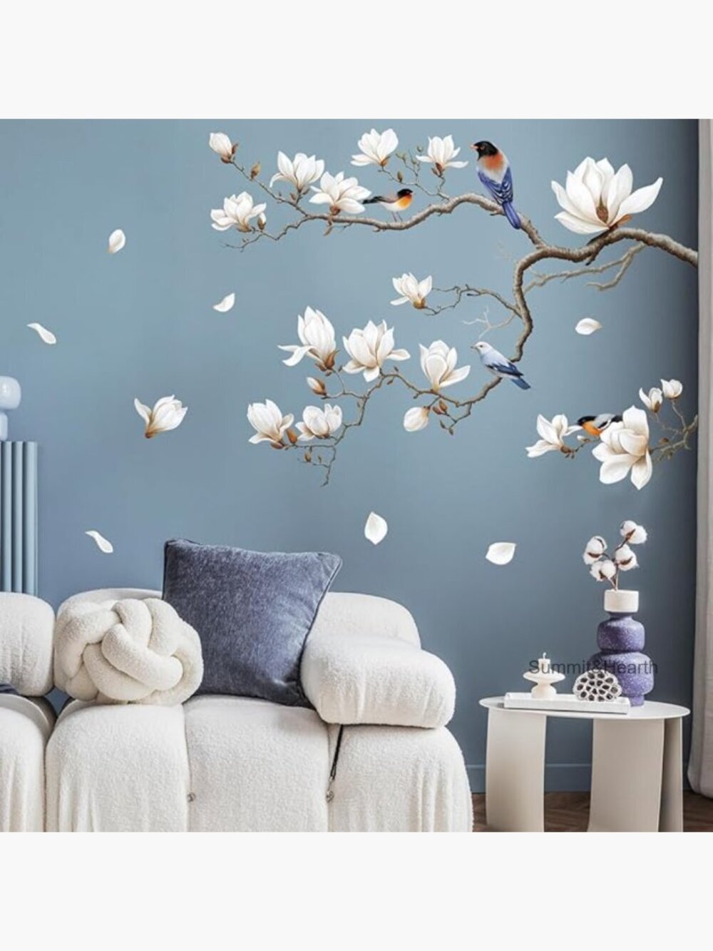 Large Peel and Stick Wall Decal, Magnolia Tree Branch with Birds, Vinyl